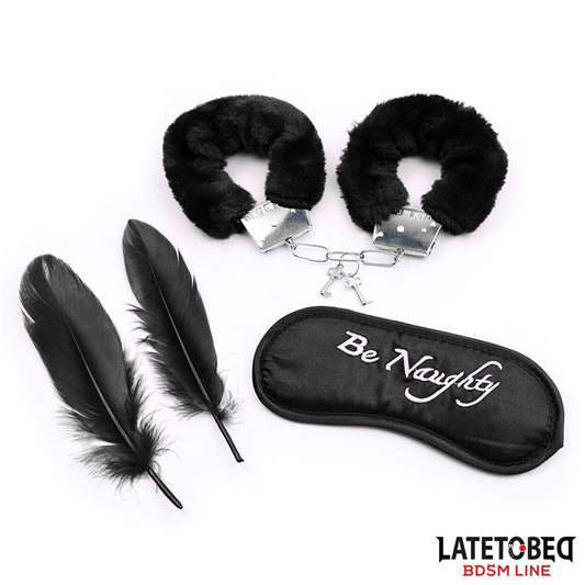 Set de 3 Piezas Antifaz Esposas y Plumas Negro